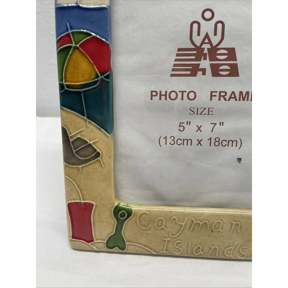 Cayman Islands Vacation Souvenir Photo Frame 5x7 Beach Palm Tree Sandcastle EUC